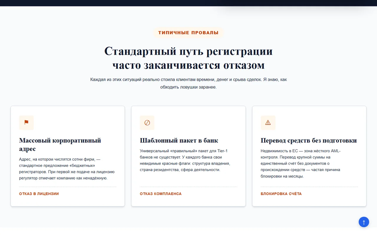 Секция «Типичные провалы» на bulanov.de: три карточки с ошибками при регистрации бизнеса